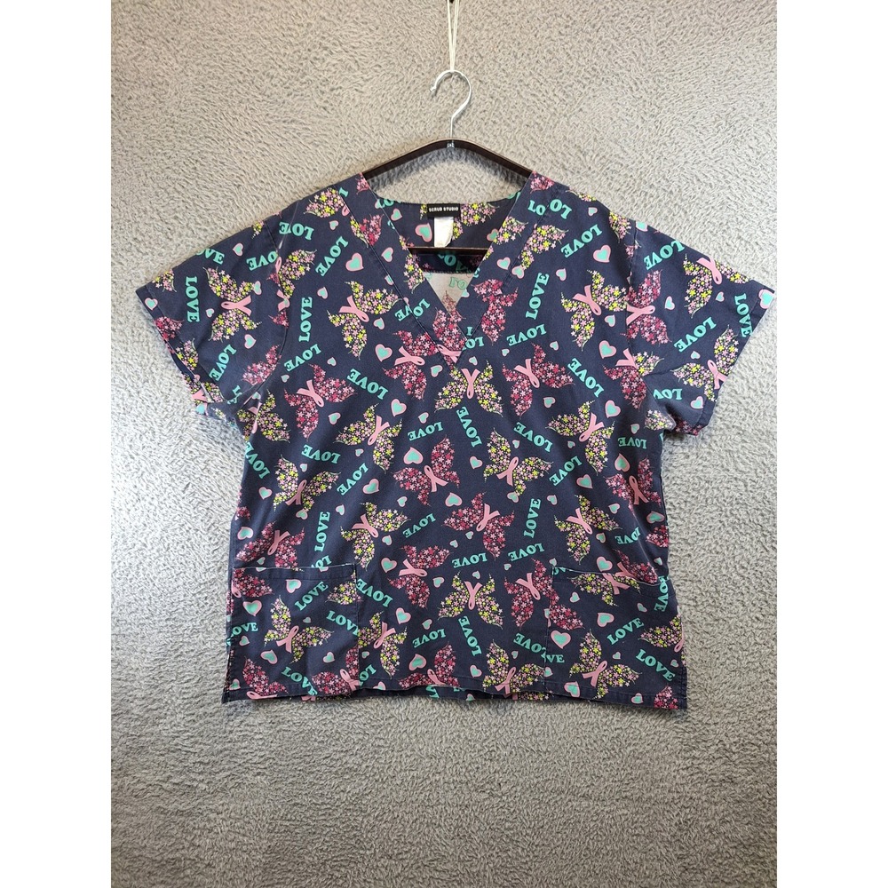 Scrub Studio Scrub Women 2X Multicolor Butterfly Breast‎ Cancer Awareness Love